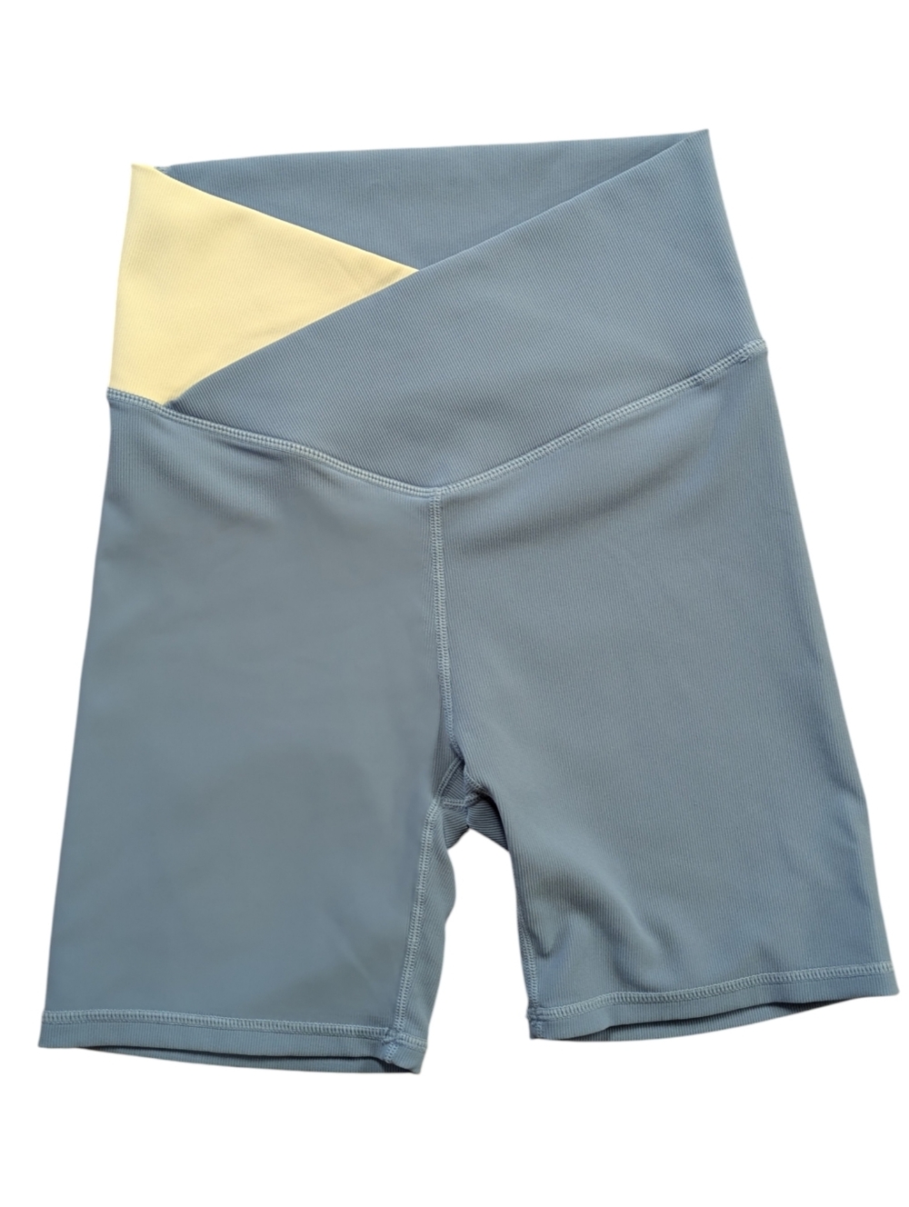 WILO The Label Blue and White Cross Over Waist Ribbed Bike Shorts Size Small